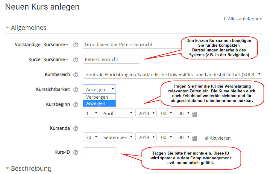 Kurs anlegen allgemein